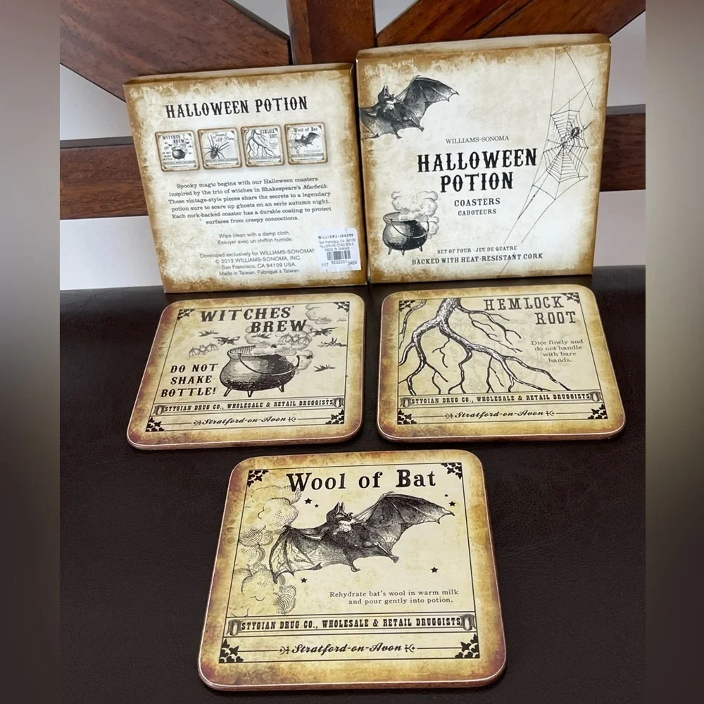 Williams Sonoma Halloween Potion set of 3 coasters spooky trick or treat party